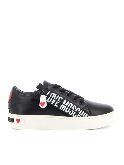 Shop Love Moschino Branded Leather Sneakers In Black