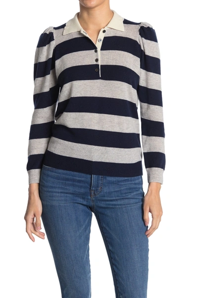Shop Autumn Cashmere Puff Sleeve Rugby Stripe Polo In Navy/fog Combo