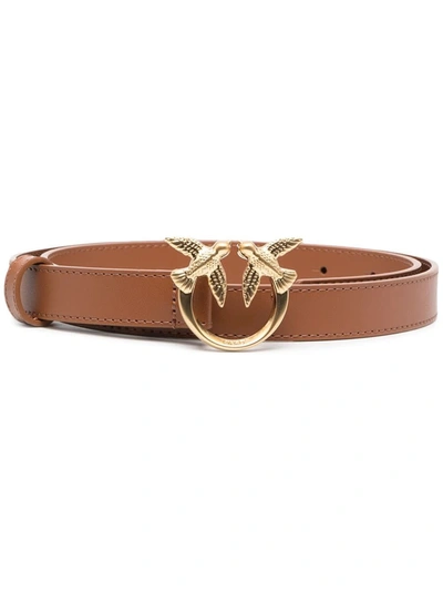 Shop Pinko Love Berry Belt In Brown Leather With Logoed Buckle In Beige