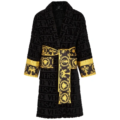 Shop Versace Black Logo-flocked Cotton Robe