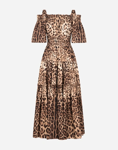 Dolce & Gabbana Long Leopard-print Poplin Dress In Multicolor