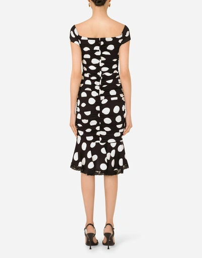 Shop Dolce & Gabbana Calf-length Charmeuse Dress With Polka-dot Print In Azure