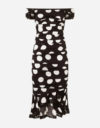 Shop Dolce & Gabbana Calf-length Charmeuse Dress With Polka-dot Print In Azure