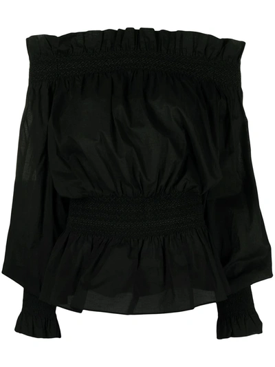 Shop Adam Lippes Off-shoulder Ruffle-trimmed Cotton Top In Black