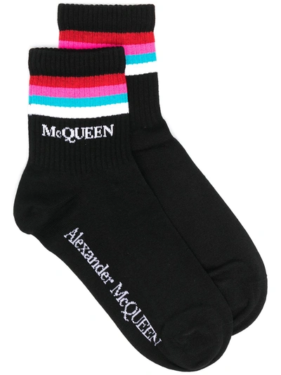Shop Alexander Mcqueen Stripe-trim Logo Socks In Black