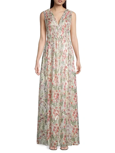 Shop Aidan Mattox Metallic Floral V-neck Gown In Gold Multi