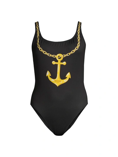 Shop Moschino Anchor One-piece Swimsuit In Black