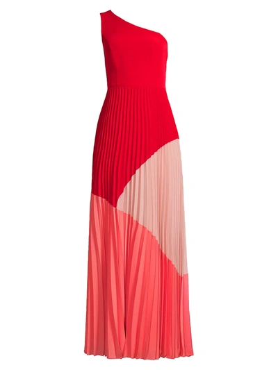 Shop Aidan Mattox Colorblock One-shoulder Gown In Red Multi
