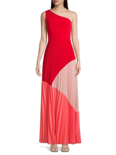 Shop Aidan Mattox Colorblock One-shoulder Gown In Red Multi