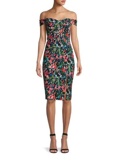 Shop Aidan Mattox Floral Off-the-shoulder Crepe Sheath Dress In Black Multi