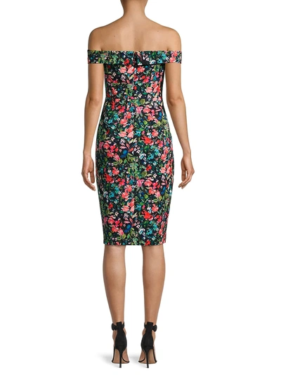 Shop Aidan Mattox Floral Off-the-shoulder Crepe Sheath Dress In Black Multi