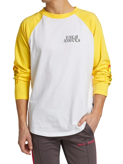 Shop Palm Angels Burning Head Long-sleeve T-shirt In White Yellow