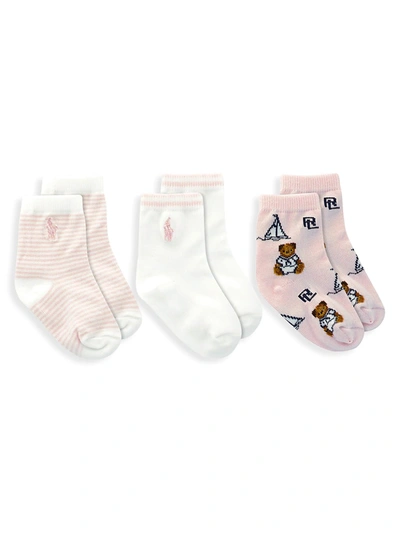 Shop Ralph Lauren Baby's 3-pack Bear Icon Crew Socks In Pink Multi