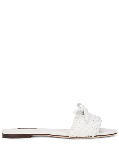 Shop Dolce & Gabbana Woven Leather Mule Sandals In White