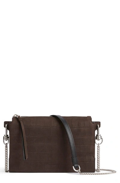 Shop Allsaints Fletcher Croc Embossed Leather Crossbody Bag In Peat Brown