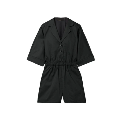 Shop Adam Lippes Short-sleeve Button-front Waist Tie Romper In Black