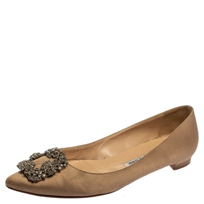 Pre-owned Manolo Blahnik Beige Satin Slip On Hangisi Flats Size 38.5