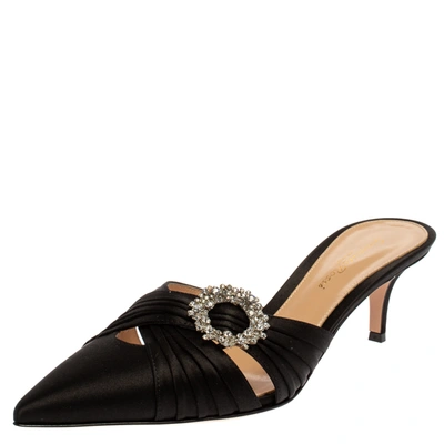 Pre-owned Gianvito Rossi Black Pleated Satin Crystal Embellished Pointed Toe Mules Size 39.5