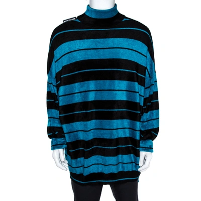 Pre-owned Balenciaga Blue & Black Striped Velvet Knit Drop Shoulder Oversized Long Jumper S