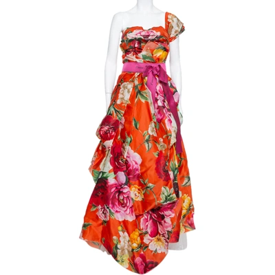 Pre-owned Dolce & Gabbana Red Floral Print Silk One Shoulder Gown M
