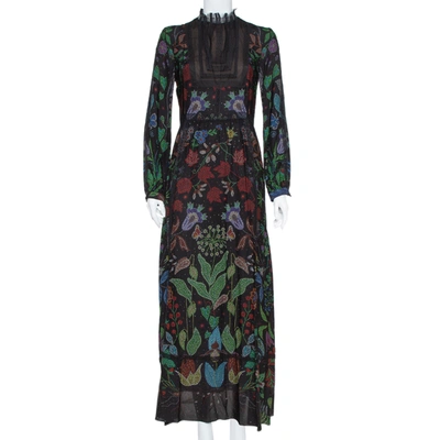 Pre-owned Valentino Black Watersong Printed Silk & Lace Trim Maxi Dress M