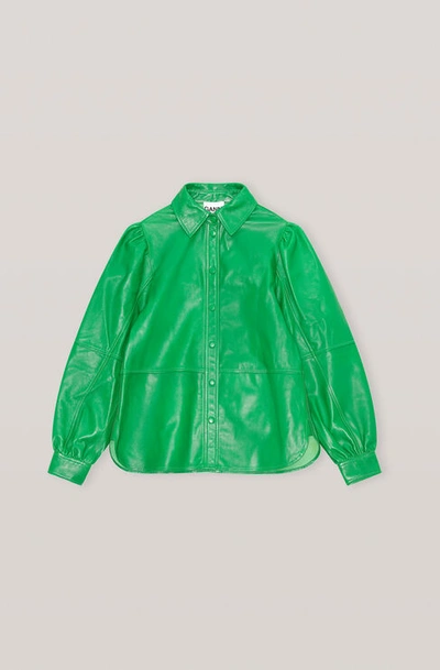 Shop Ganni Lamb Leather Shirt In Kelly Green