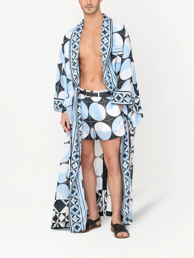 Shop Dolce & Gabbana Majolica Print Linen Robe In Blue