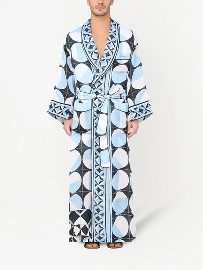 Shop Dolce & Gabbana Majolica Print Linen Robe In Blue