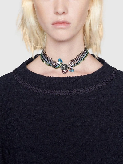 Shop Gucci Lion Head Choker Necklace In Multicolour