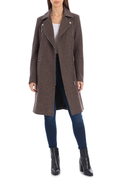 Shop Avec Les Filles Moto Detail Wool Blend Twill Coat In Dark Brown