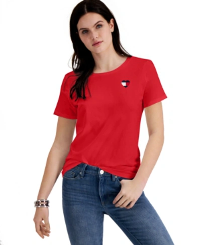 Shop Tommy Hilfiger Women's Embroidered Heart-logo T-shirt In Scarlet