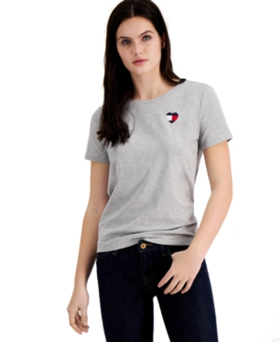 Shop Tommy Hilfiger Women's Embroidered Heart-logo T-shirt In Stone Grey Heather Multi