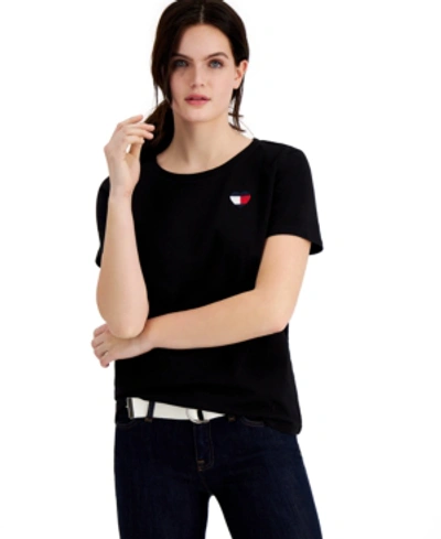 Shop Tommy Hilfiger Women's Embroidered Heart-logo T-shirt In Black