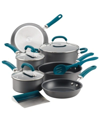 Shop Rachael Ray Create Delicious Hard-anodized Aluminum 11-pc. Nonstick Cookware Set In Gray With Teal Handles
