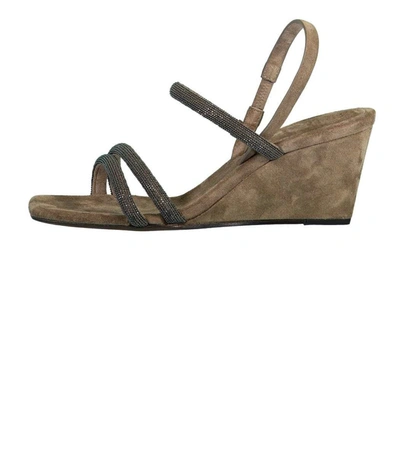 Shop Brunello Cucinelli Monili And Suede Wedge Sandal In Military