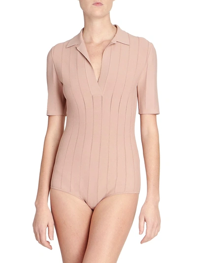 Shop Alaïa Collared Rib-knit Bodysuit In Beige