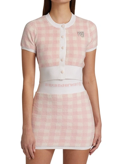 Shop Alexander Wang T Women's Gingham Crystal Brooch Cropped Cardigan In Cradle Pink White