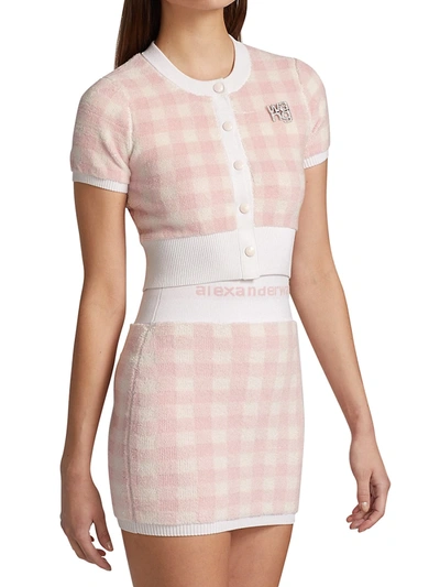 Shop Alexander Wang T Women's Gingham Crystal Brooch Cropped Cardigan In Cradle Pink White