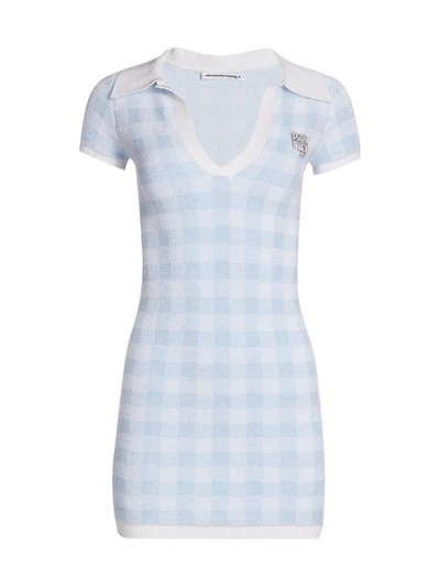 Shop Alexander Wang T Gingham Crystal Brooch Polo Mini Dress In Oxford Blue White