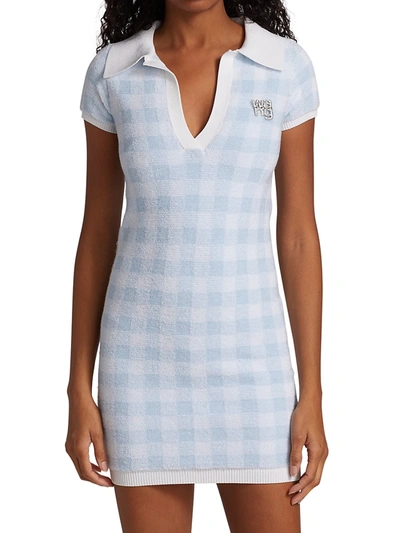 Shop Alexander Wang T Gingham Crystal Brooch Polo Mini Dress In Oxford Blue White