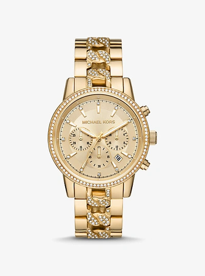 Shop Michael Kors Oversized Ritz Pavé Gold-tone Curb Link Watch