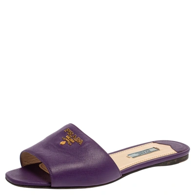 Pre-owned Prada Purple Saffiano Leather Logo Embellished Flat Slides Size 38.5