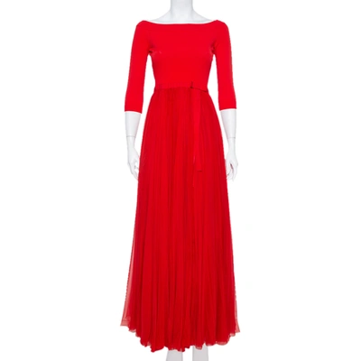 Pre-owned Alexander Mcqueen Red Silk & Knit Flared Off Shoulder Maxi Dress M