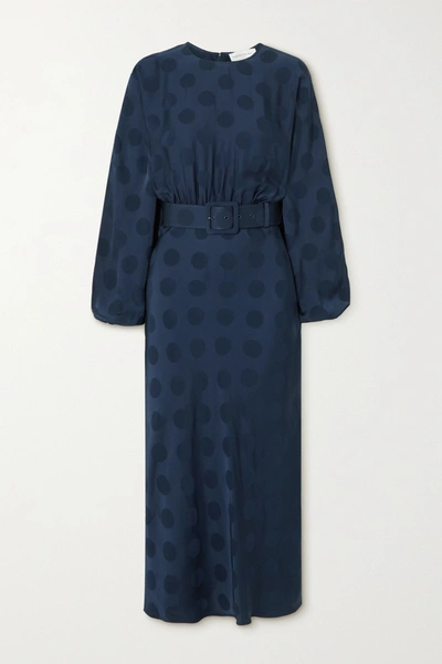 Shop Rebecca Vallance Nour Belted Polka-dot Satin-jacquard Midi Dress In Navy