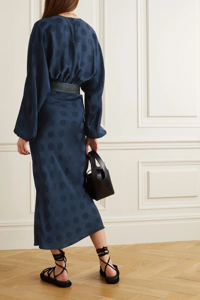 Shop Rebecca Vallance Nour Belted Polka-dot Satin-jacquard Midi Dress In Navy