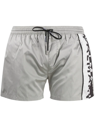 Shop Balmain Logo Print Swim Shorts In Grey