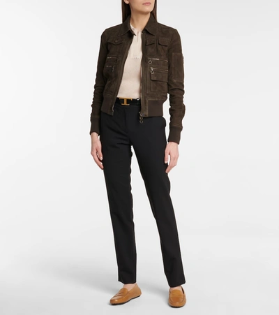 Shop Tod's Suede Bomber Jacket In Brown