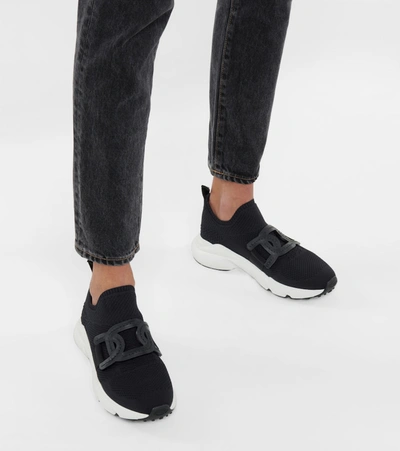 Leather Trimmed Knit Sneakers in Black - Tods