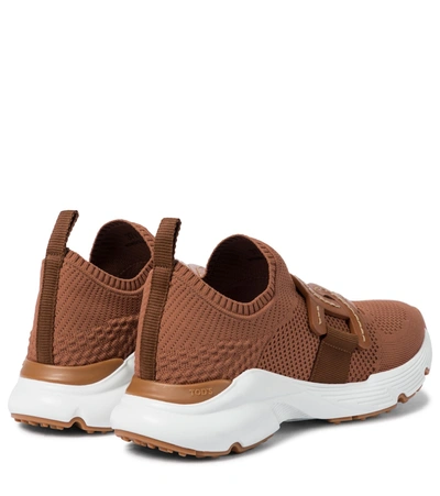 Shop Tod's Leather-trimmed Knit Sneakers In Brown