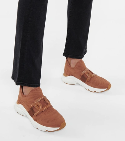 Shop Tod's Leather-trimmed Knit Sneakers In Brown